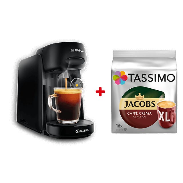 TASSIMO Finesse schwarz + gratis Jacobs Caffè Crema Classico XL (+1 pack Jacobs 3in1 free) 