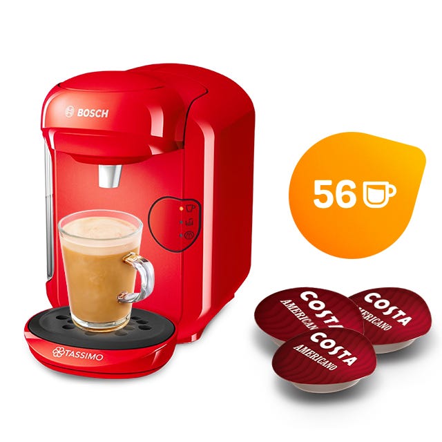 TASSIMO Vivy Red Coffee Machine + Costa Coffee Capsule Selection 